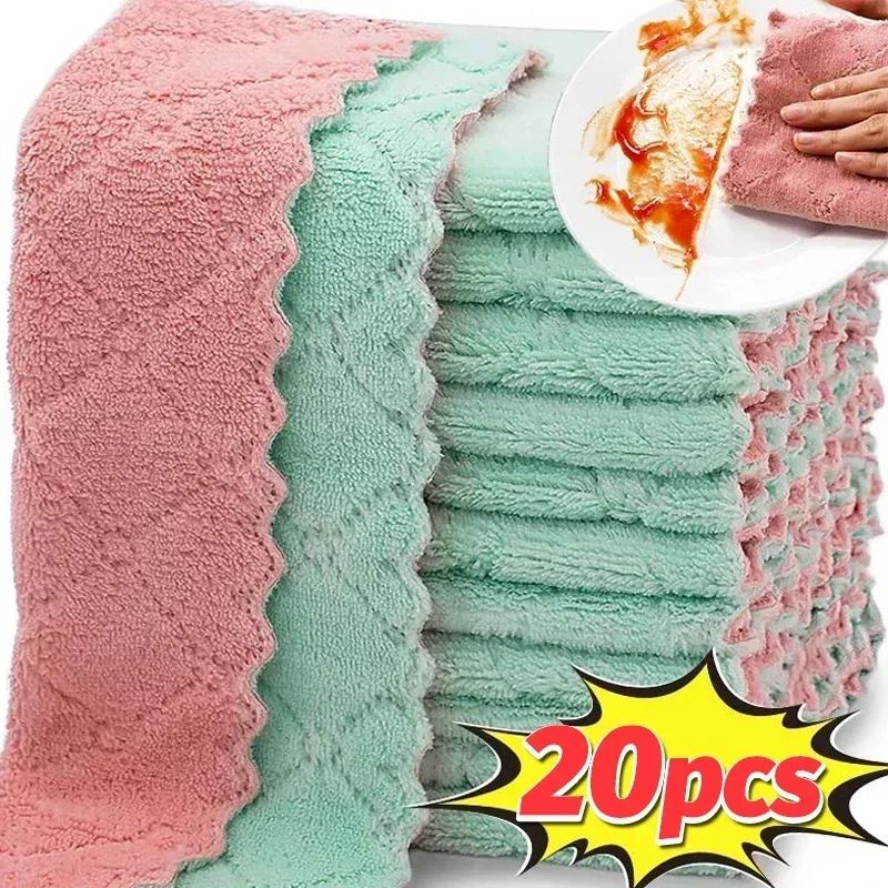 20/1pc Kitchen Dish Cloths Double-layer Microfiber Towel Reusable Absorbent Coral Velvet Cleaning Cloth Fast Drying Washing Rags