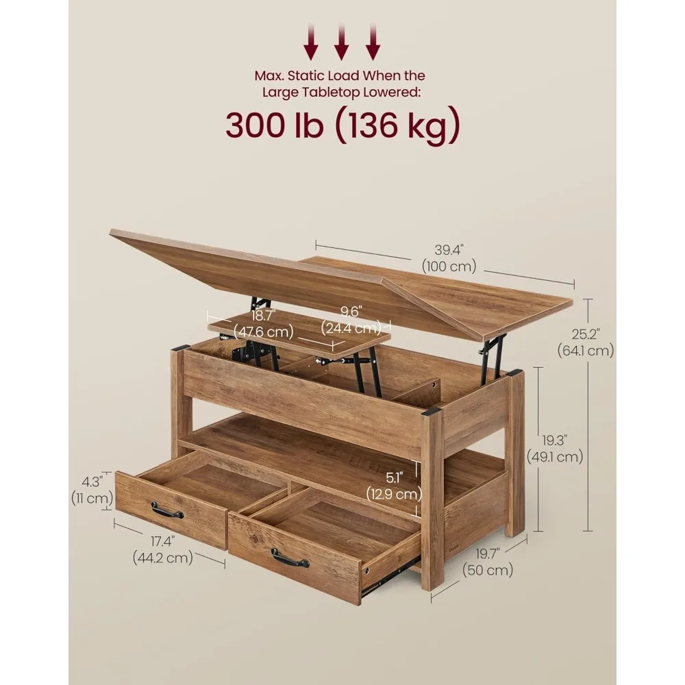 Mesa de Centro Elevable, 3 en 1, con Almacenamiento, Resorte de Gas, 2 Cajones y 3 Compartimentos Ocultos, Personalizable