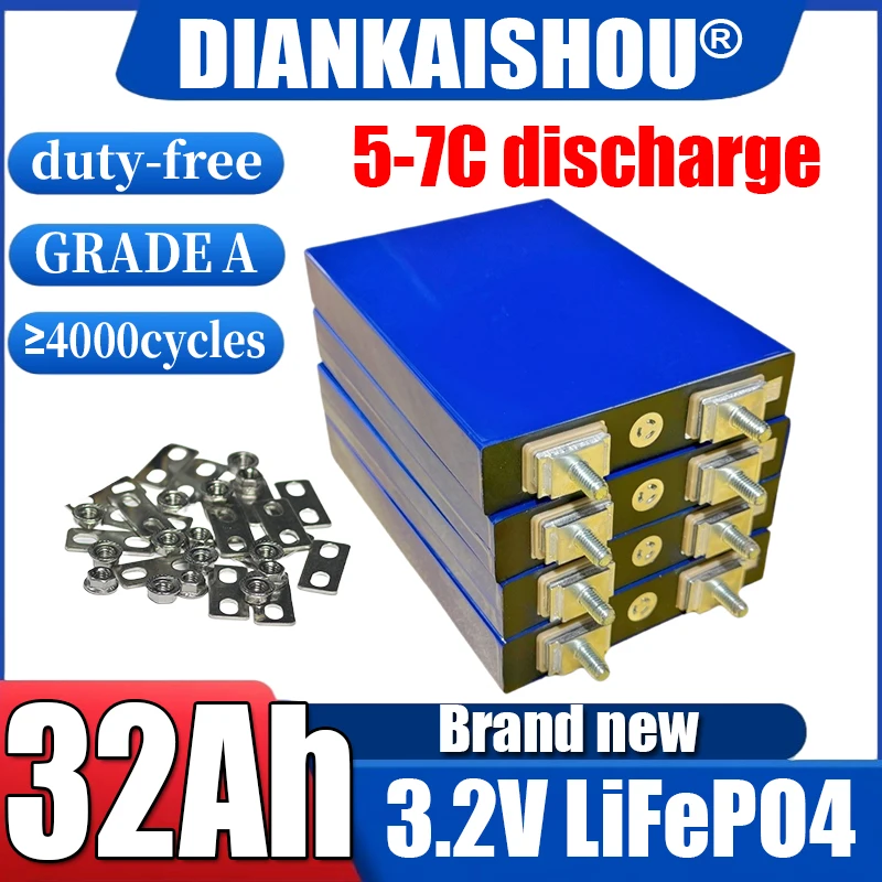 Аккумуляторная ячейка LiFePO4 3.2В 32Ач высокой мощности, класс А, новая перезаряжаемая литиевая батарея для сборки комбинаций для солнечных систем хранения энергии и электротранспорта.