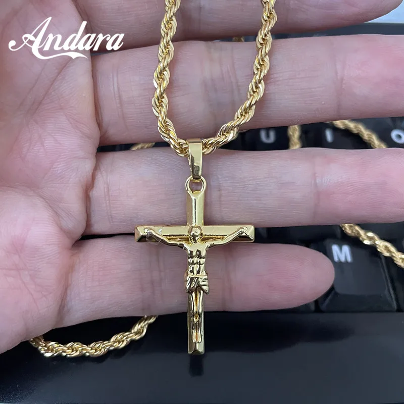 Andara 925 Sterling Silber Religiöse Kreuz-Halskette Katholizismus Jesus Anhänger Goldfarben Kette Kirchen-Gebetsschmuck – Detail 3