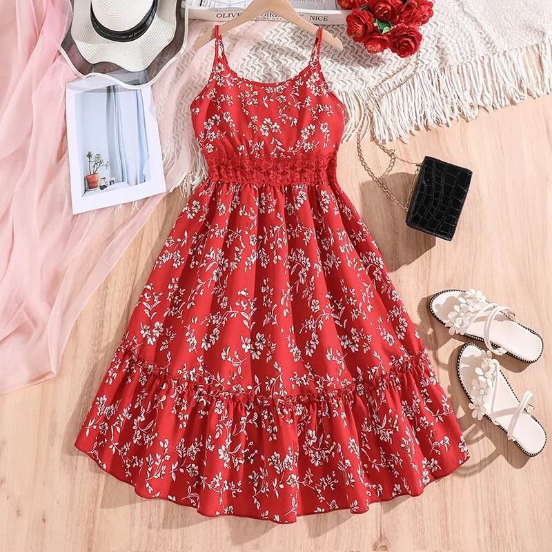 2024 Summer New Arrival Girls Sleeveless O Neck Ruched Print Floral Red Roupa Infantil Menina Cute Party Dress Custume 8-12T