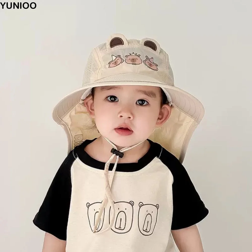 

Дышащая рыбацкая шляпа с капибарой, ветрозащитная веревка, быстросохнущая детская шаль, шляпа от солнца с широкими полями, хлопковая детская солнцезащитная шляпа для езды на велосипеде