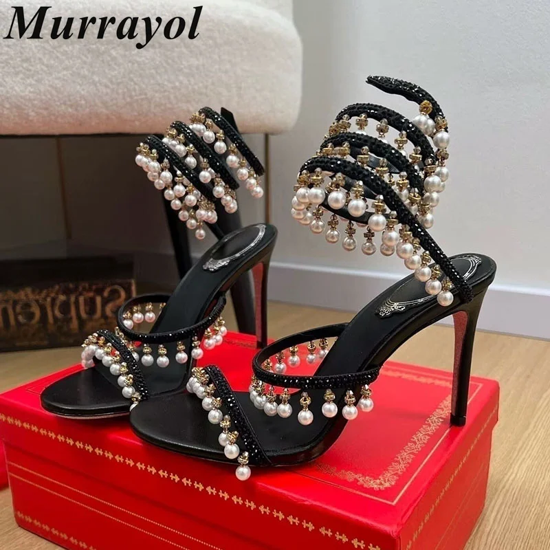 Women Rhinestone Tassels Decor Thin High Heels Sandalias Ankle Snake Shaped Strap Gladiaror Sandals Summer Party Dress Shoes