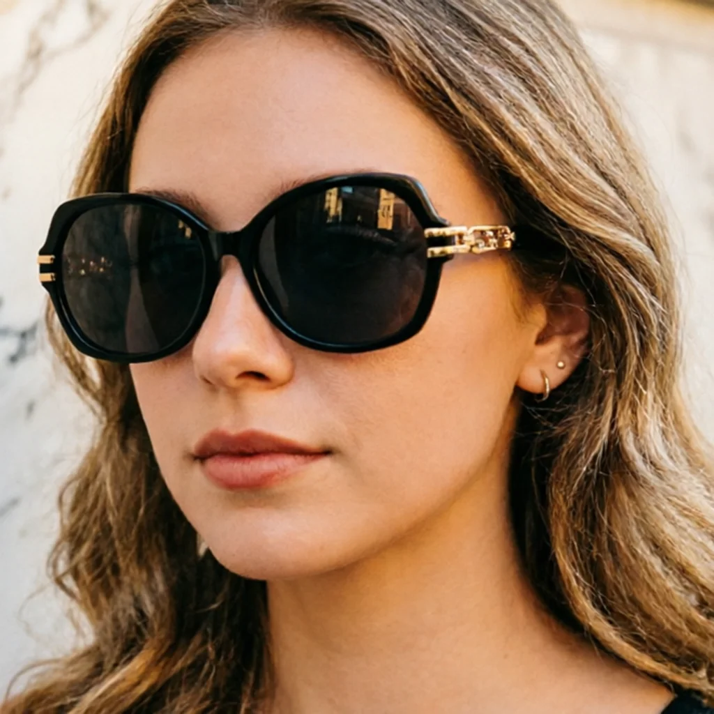 Luxuriöse Übergroße Cat-Eye-Sonnenbrille für Damen mit Goldketten-Bügel Trendige Schattierungen