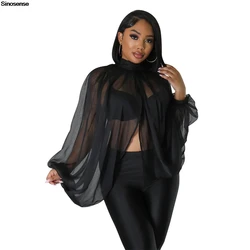 Womens Chiffon Blouse Sexy See Through Lantern Sleeve Front Back Open High Neck Self Tie Shawl Casual Shirts Blouses Tops