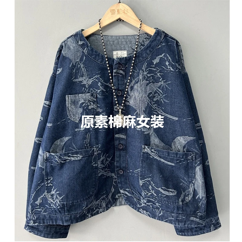 

New 2026 Spring Autumn Women Loose Long Sleeve O-neck Blouse Casual Cotton Denim Pockets Patchwork Single Breasted Shirts Y153