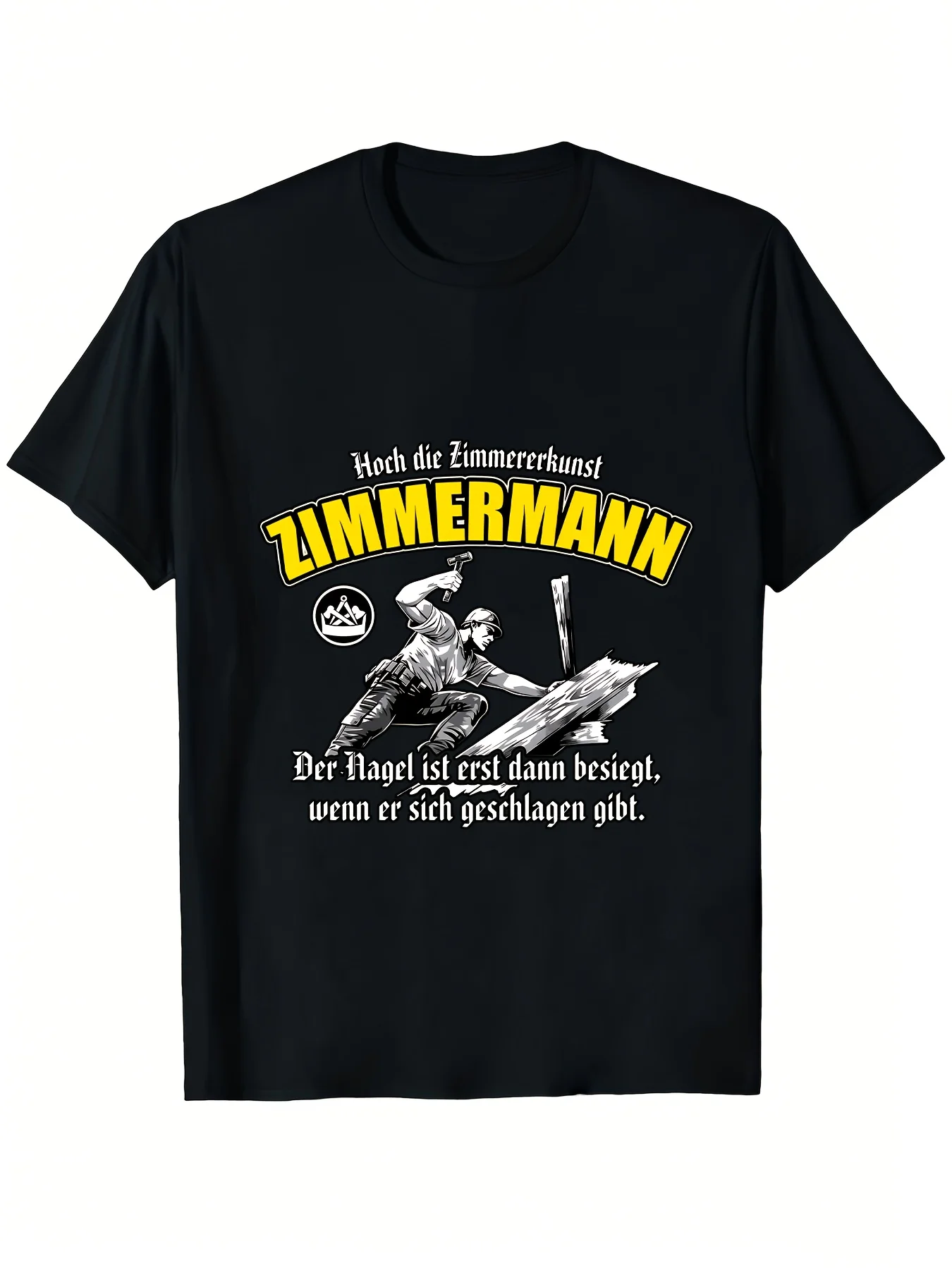 Black T Shirt with Carpenter Graphic and German Text for Construction Workers and Woodworking Enthusiasts