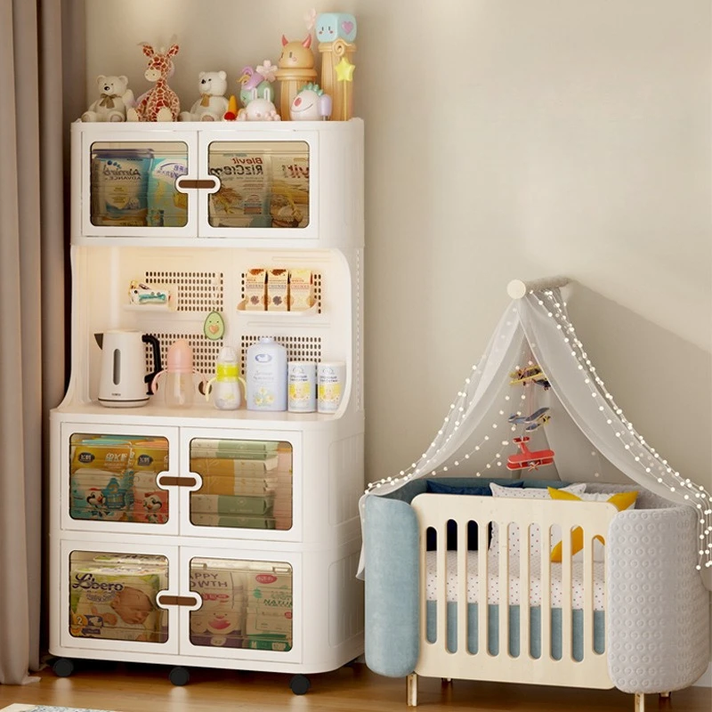 Plastic Baby Feeding Table Cabinet with Doors Drawer and Open Shelf Pantry Storage Organizer on Wheels Sideboard for Living Room