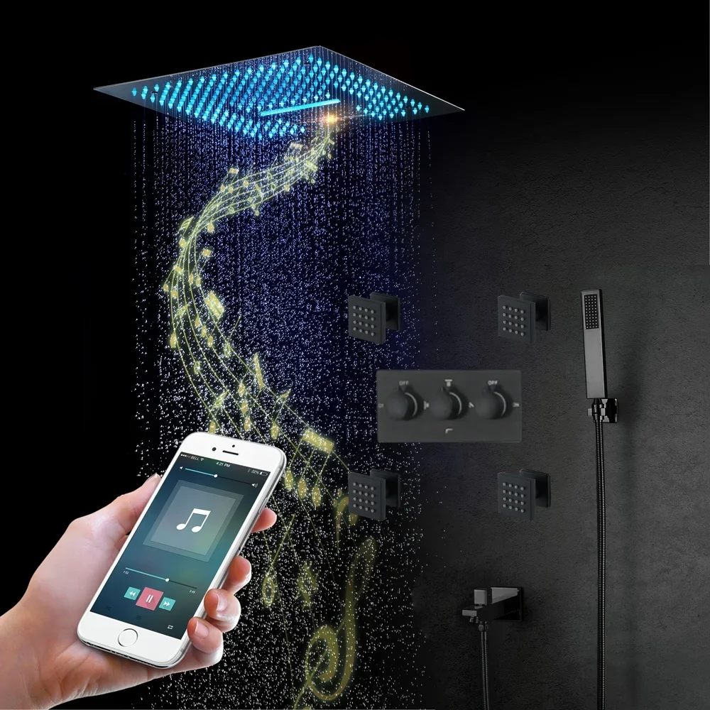 LED Music Ceiling Mounted Shower Kit  Rain Waterfall System With Body Jets