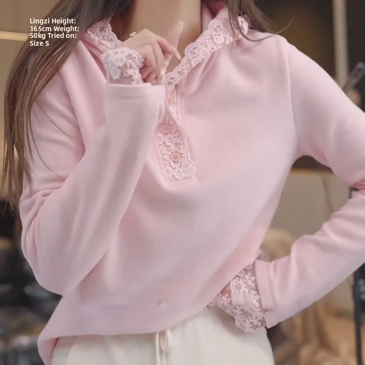 

Pink Double-Sided Fce Hooded Base irt Women's Autumn Winter Thi Long Sve Inner Wear Outer Wear ible Loose Fit