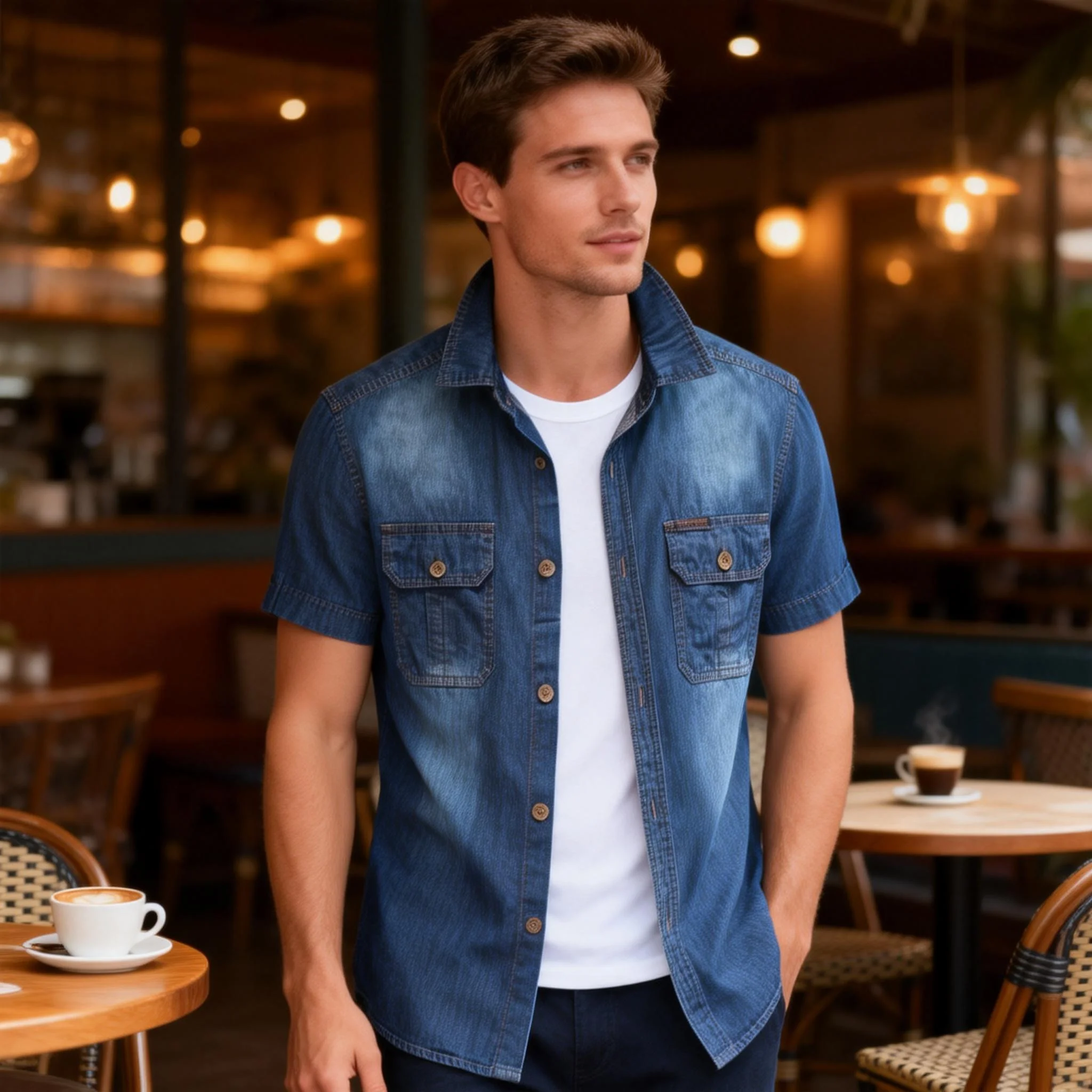 

Мужская джинсовая рубашка с коротким рукавом, летняя, с отложным воротником, для походов, тонкая, свободная, повседневная, стильная, темно-синяя, рабочая одежда, куртка