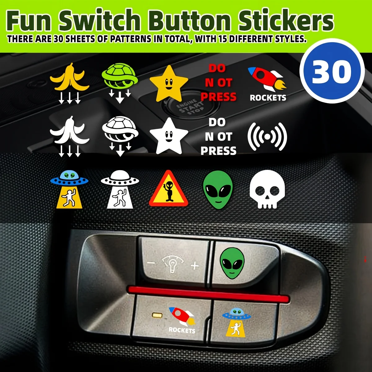 Alien Skull Funny Car Dashboard Button Decal Sticker Set Waterproof for Blank Switch Panel Interior Decor