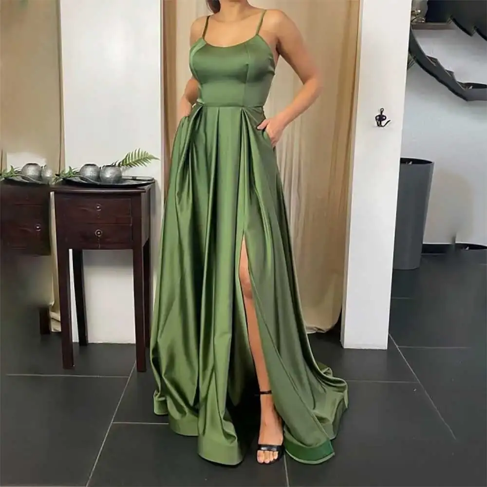 

Elegant Spaghetti Strap V-Neck Sleeveless Side Slit A-Line Evening Dress for Women Prom Party Dress Bridesmaid Dress فساتين سهرة