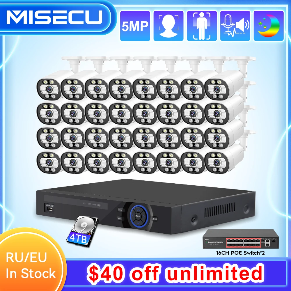 

MISECU H.265 32CH 5MP POE Security Protection System CCTV NVR Face Detect Outdoor Full Color Night Record Surveillance Kit P2P