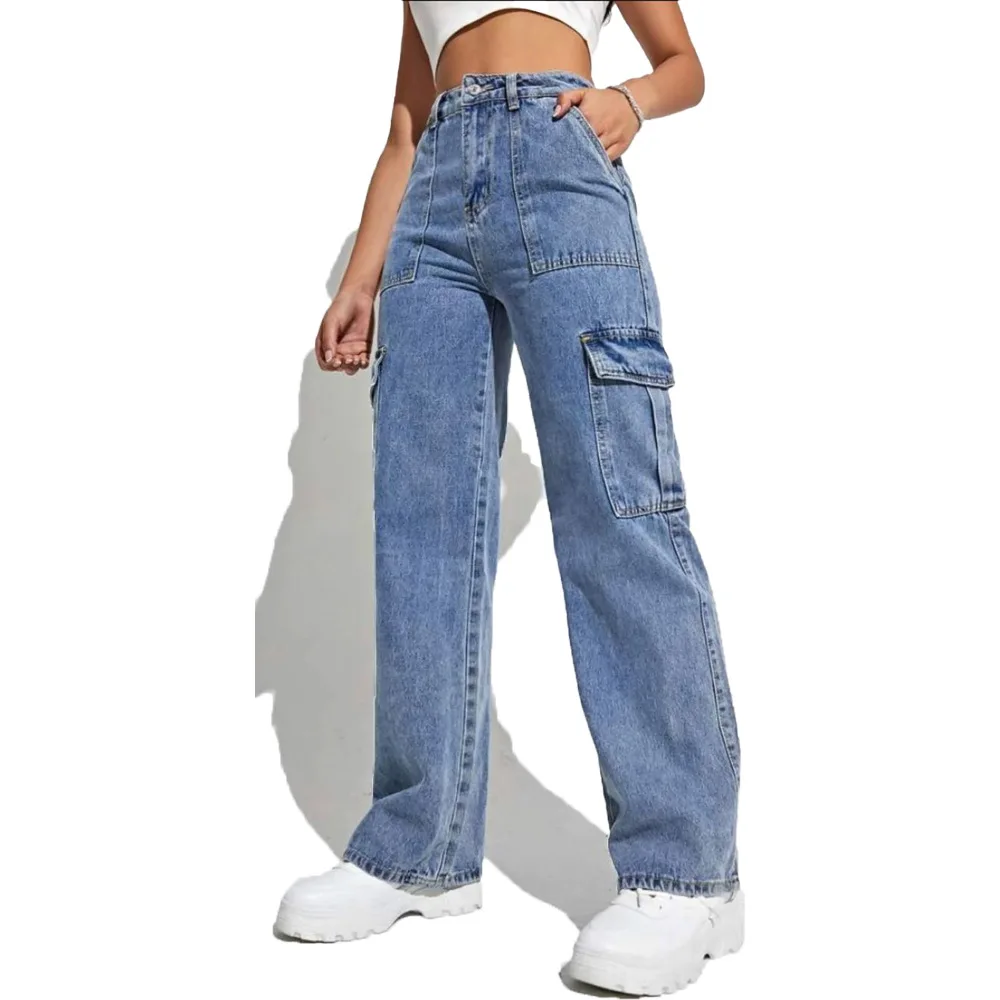 Pantaloni Y2K da donna Jeans a vita alta Tasche a tutta lunghezza Pantaloni jeans candeggiati