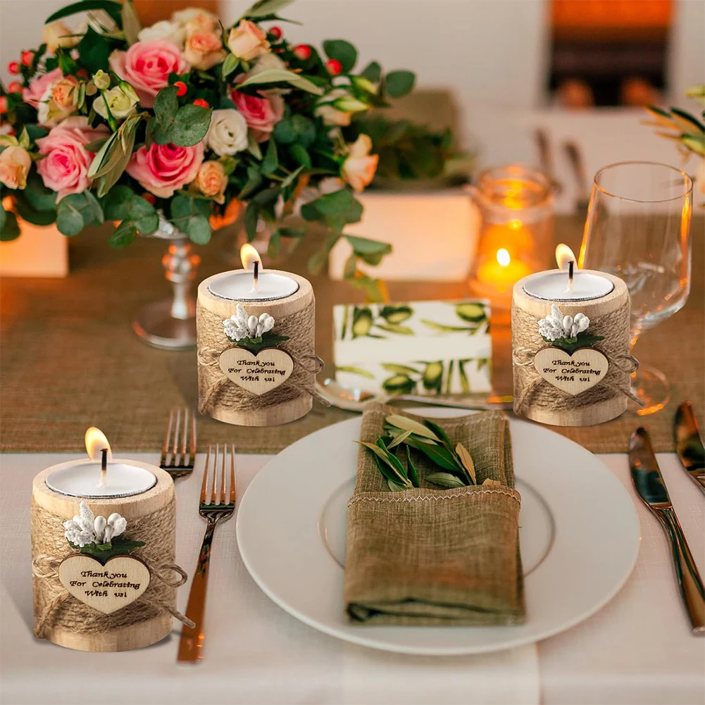 12 Pcs Set of Wooden Tealight Candle Holders Small Candlelight Candlestick Party Candle Favors Baby Shower Favors for Guests
