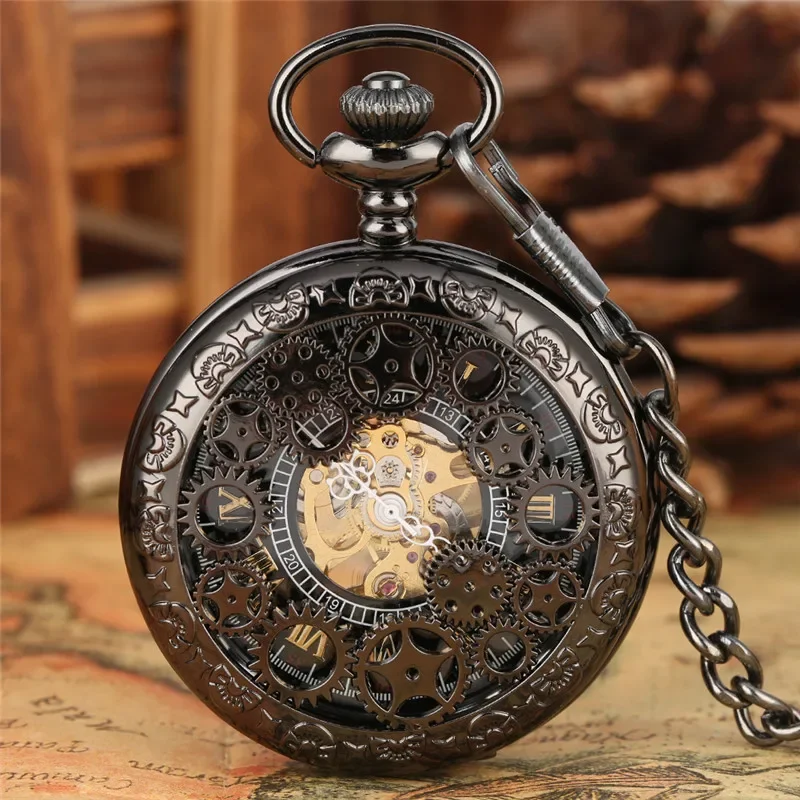 Steampunk Black Men Women Hand-wind Mechanical Pocket Watch Hollow Out Gear Case Skeleton Clock with Pendant Chain Roman Number