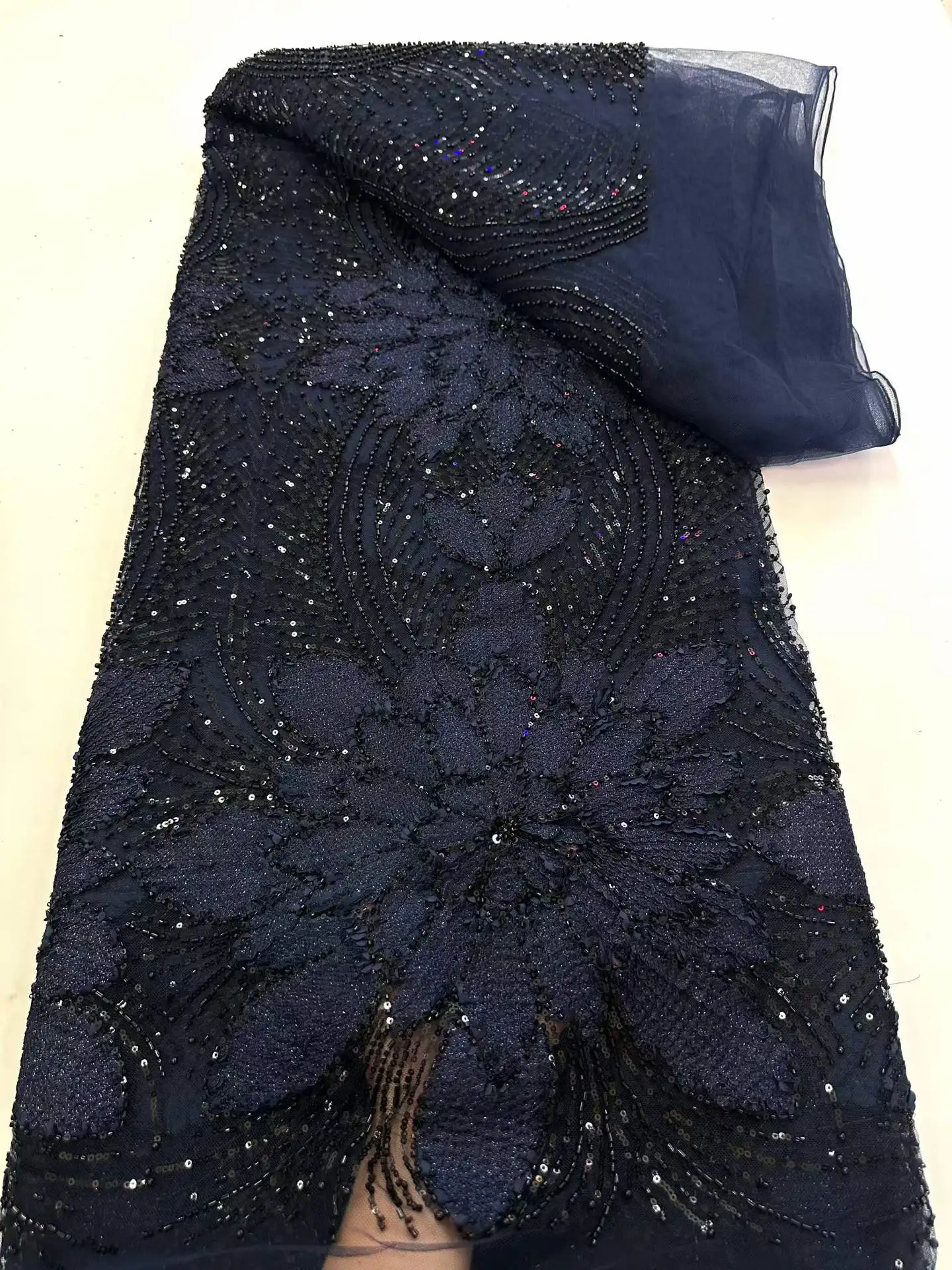 2026 Latest High Quality 3D Delicate Eligant Embroiderd Lace Sequins Beaded Tulle Lace Fabric For Bridal Wedding Evening Dresses