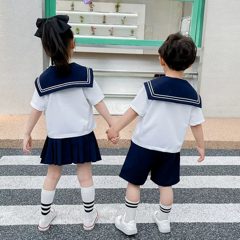 Children Navy Style T-shirt Set 2026 New Summer Girls Korean Boys and Girls Fashion Casual Shorts Two Piece Set 2