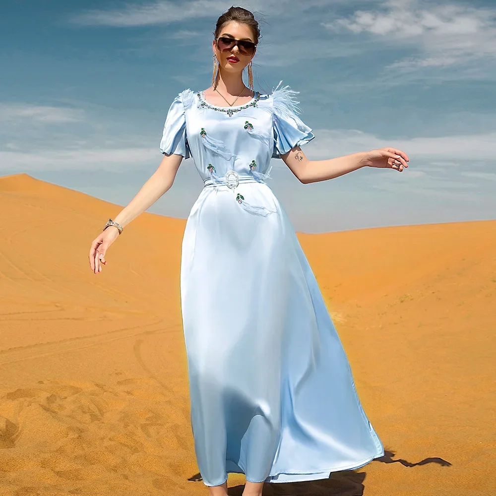 

Satin Kaftan Women Diamonds Evening Party Dress Gown Dubai Abaya Muslim Ramadan Caftan Robe Eid Mubarak Djellaba Femme Abayas