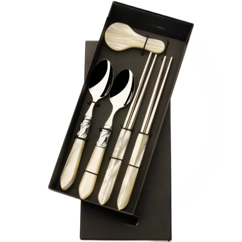 

Chopsticks, spoons, double two-piece set, stainless steel tableware, ivory pearlescent retro