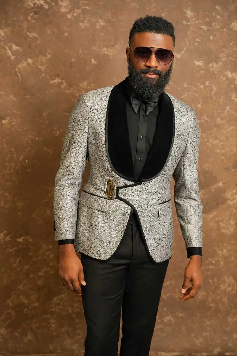 패션 자카드 남성 웨딩 턱시도 숄 라펠 재킷 블레이저 루즈핏 비즈니스 행사 파티 2피스 맞춤 제작