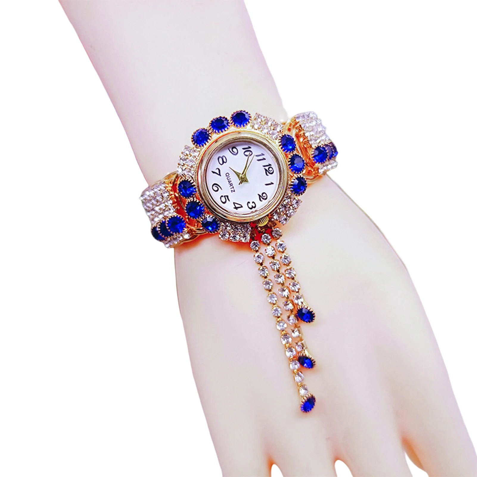 Sparkling Rhinestone Round Dial Watch Colorful Tassel Metal Strap Watch for Mother Girlfriend Birthday Gifts