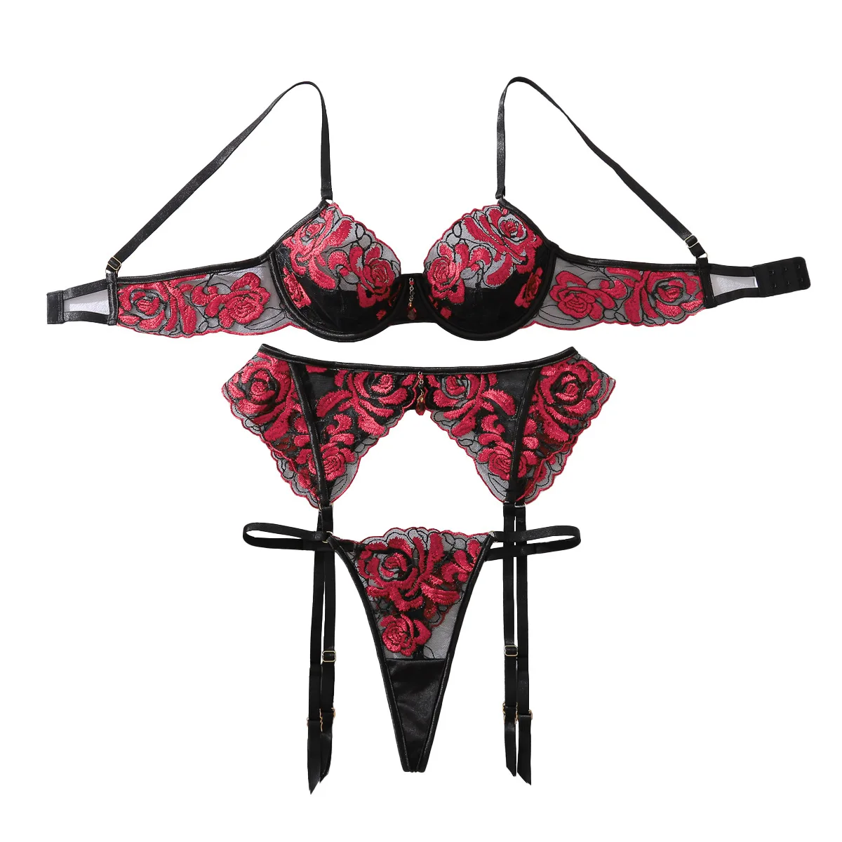 Fashion Retro Rose Embroideried Perspective Mesh Lingerie Set Women Slimming Shaping Split Underwear Female See Through Bra Sets