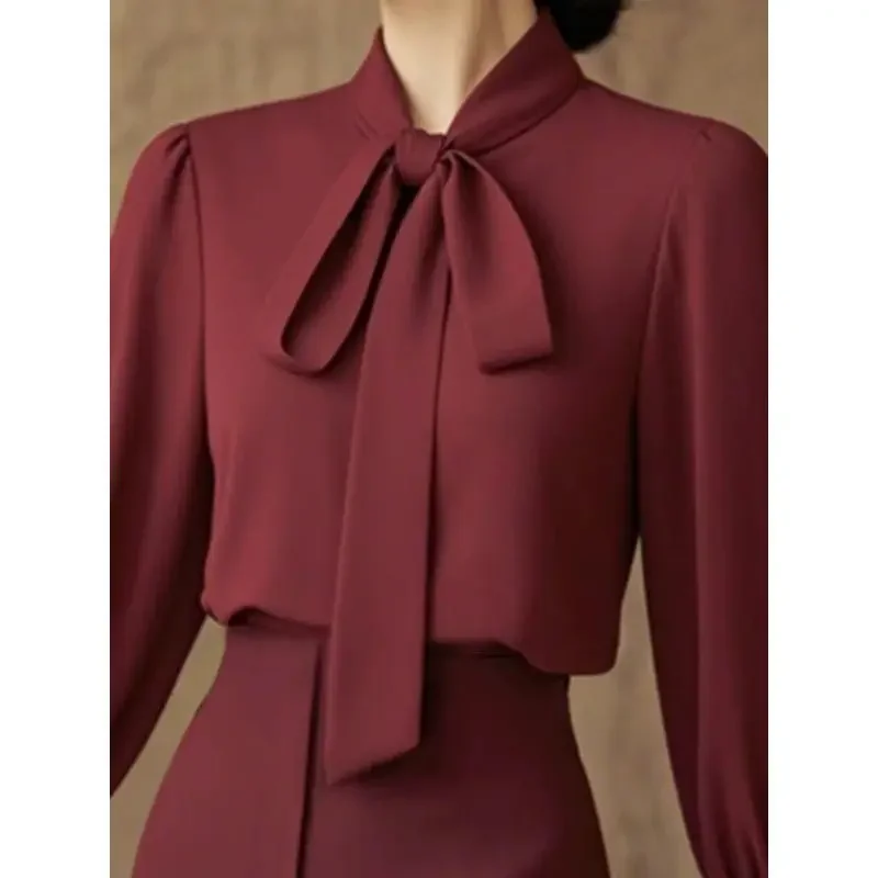 Nuevo traje francés elegante para mujer, moda de primavera, blusa con cordones + pantalones elásticos de cintura alta, conjuntos de 2 piezas para oficina para mujer