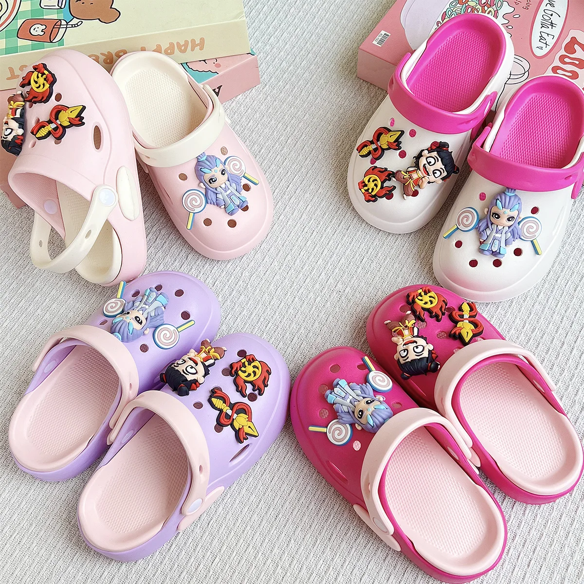 New Style Girls' Slippers with Cartoon Nezha and Ao Bing Designs, Dual Color Combination, Versatile Eva Clogs, Soft Sole, Non-Slip Sandals 837