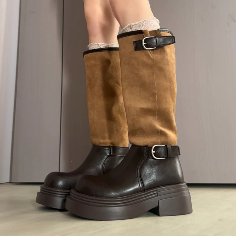 

Длинные женские ботинки на плоской подошве, сапоги до колена на платформе, модные готические ботинки «Челси», зимний тренд 2025, новые мотоциклетные ботинки в стиле панк Mujer Botas