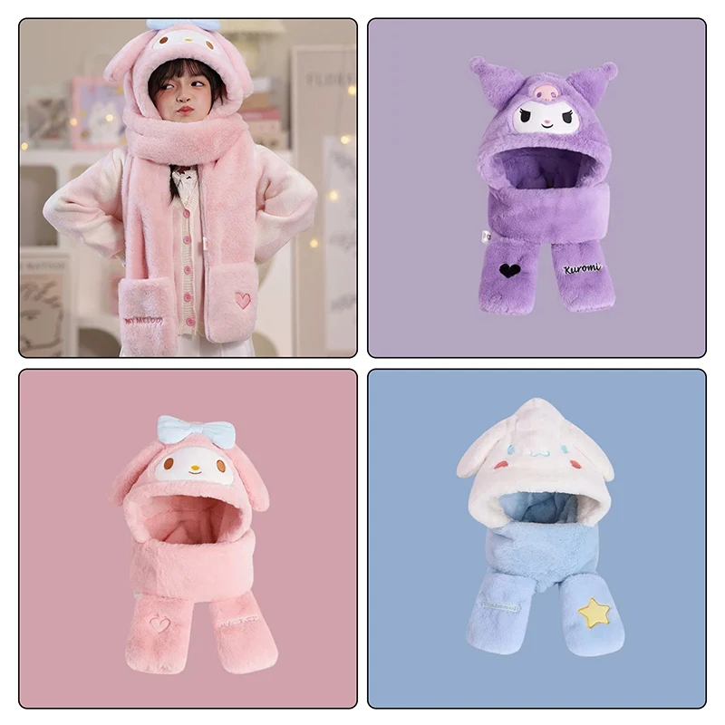 Sanrio Cute Kuromi Anime Childrencinnamorol Winter Windproof Hat Scarf Three Piece Set Cartoon Girl Comfortable Plush Warm Scarf