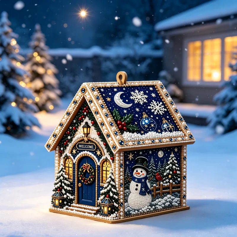 1-Piece Set Adult Wooden Christmas House Diamond Painting Kit, Pearl Bead Details, Four-Sided Holiday Artwork, Requires Self-Assembly, Tree Hanging Display, Christmas Craft Gift, Christmas Present
