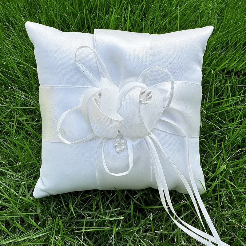1PC White Bud Wedding Bridal Ring Pillow Wedding Supplies Square Bow Ring Pillow image 4