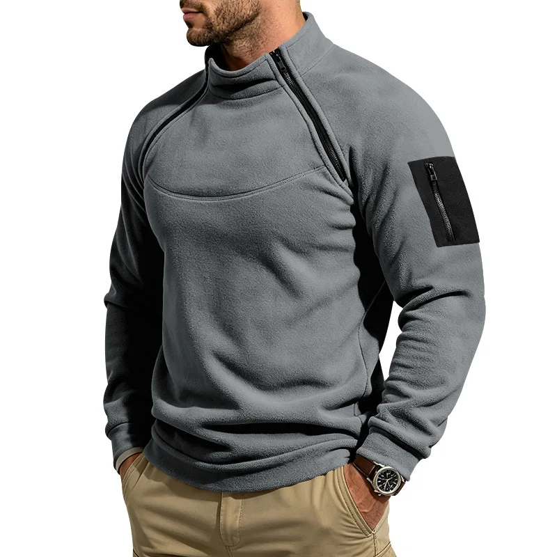 Herren Herbst-Winter Schwerlast-Fleece-Sweatshirt, Stehkragen, Doppelreißverschluss, Lose Warme Outdoor-Wander-Freizeitjacke – Detail 9