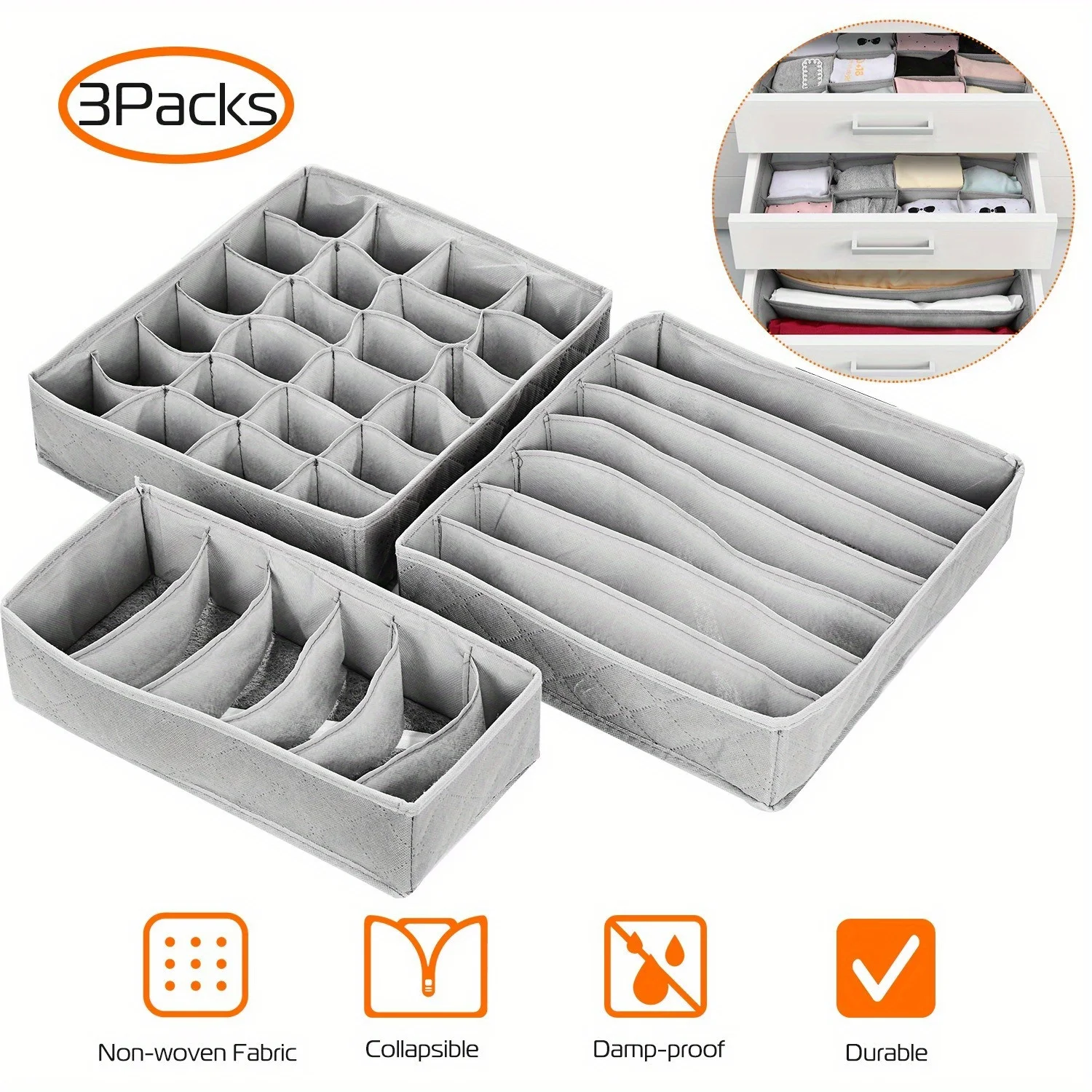 3 Pack Sock Organizer Box Foldable Damp Proof Storage Drawers Multi-cells Underwear Tie Container