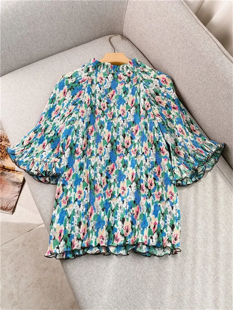 Women New Spring Chiffon Necklace tie Sexy Ruffled Sweet Blue Floral Elegant Vintage Tops Butterfly Sleeve Lightweight Blouses