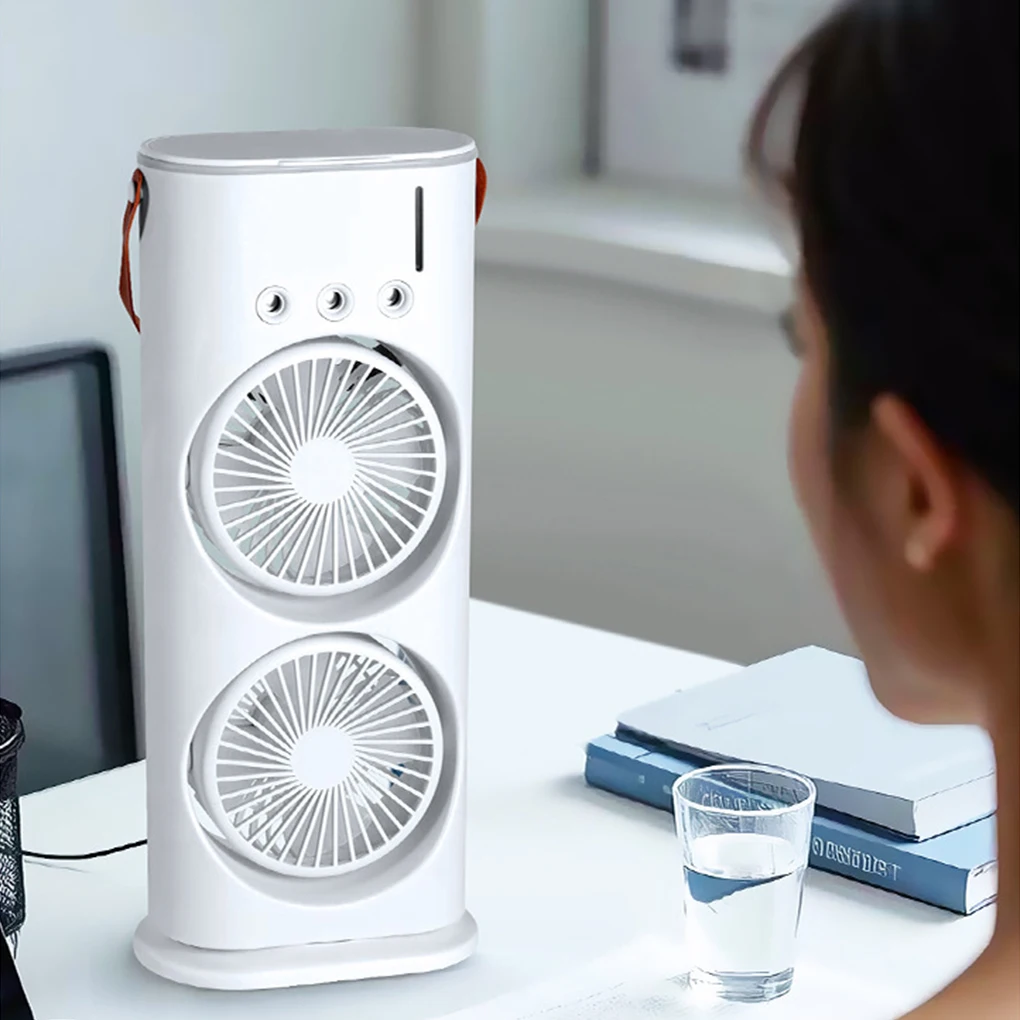 

3-скоростной двуглавый распылительный вентилятор для кондиционера для офиса и дома, USB перезаряжаемый настольный воздухоохладитель, ночник с пультом дистанционного управления