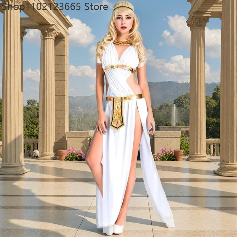 

Sexy Ancient Greek Goddess Costume Halloween Adult Women Cosplay Dress White Egyptian Princess Cleopatra Fancy Dress Party Gown