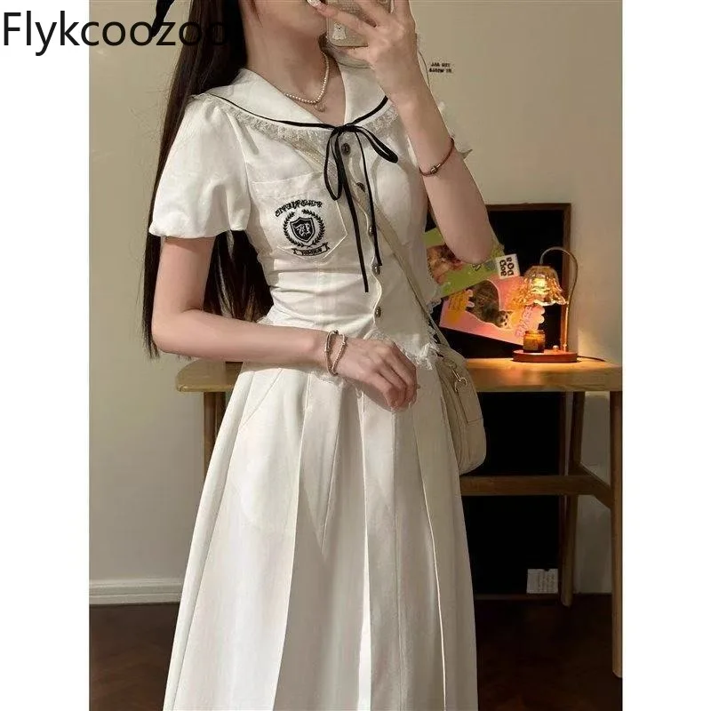 

Sailor Collar Lace Spliced Short Sleeve Shirt Women High-waisted Pleated Long Skirt Summer Girls A-line Slim Acamedy Chic Outfit