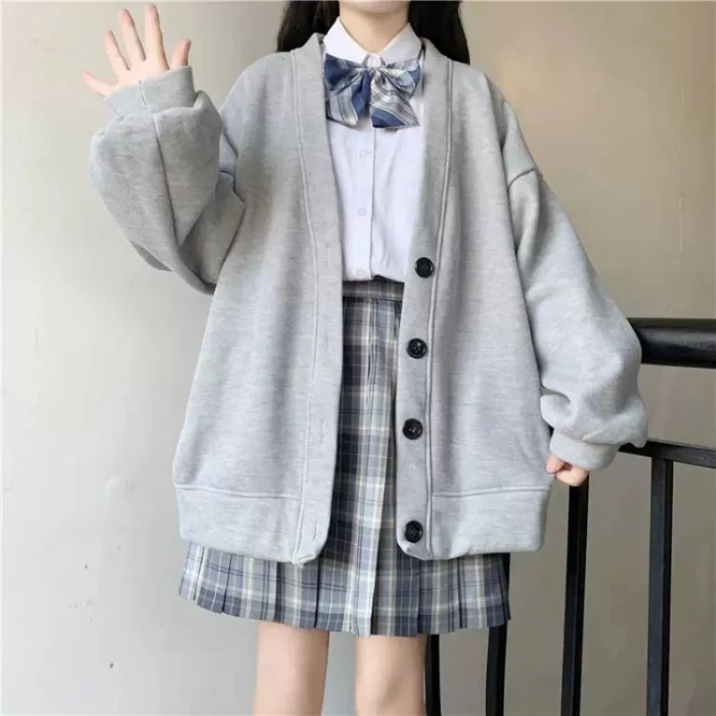 

Japanese Preppy Style Autumn Winter New Coats Women V-Neck Solid Pockets Button Fashion Preppy Style Loose Cardigan Jackets