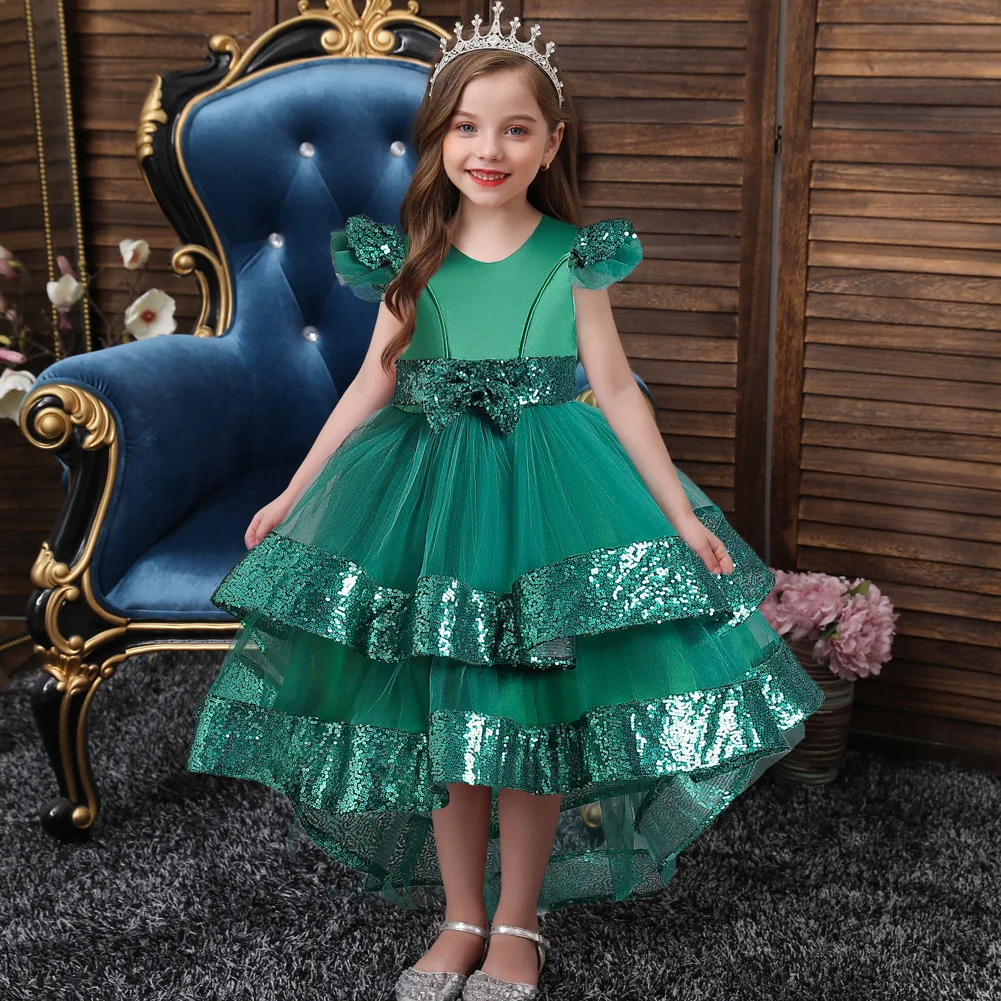 Children's Princess dress bow pompadour dress one year old girl's wedding dress runway piano train performance dress