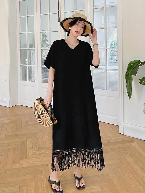 T-shirt décontracté d'été grande taille Dr avec frange taille ample couvrant le ventre effet minceur pour femmes grande taille longue Sve...