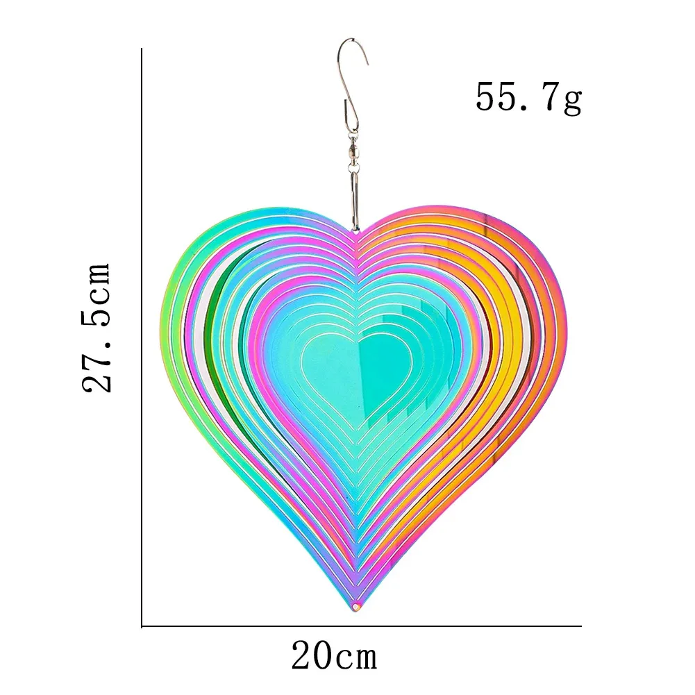 20cm Colourful Heart-shaped 3D Rotation Wind Chime Pendant Stainless Steel Bird Repeller Rainbow Fluid Visual Effects Decoration