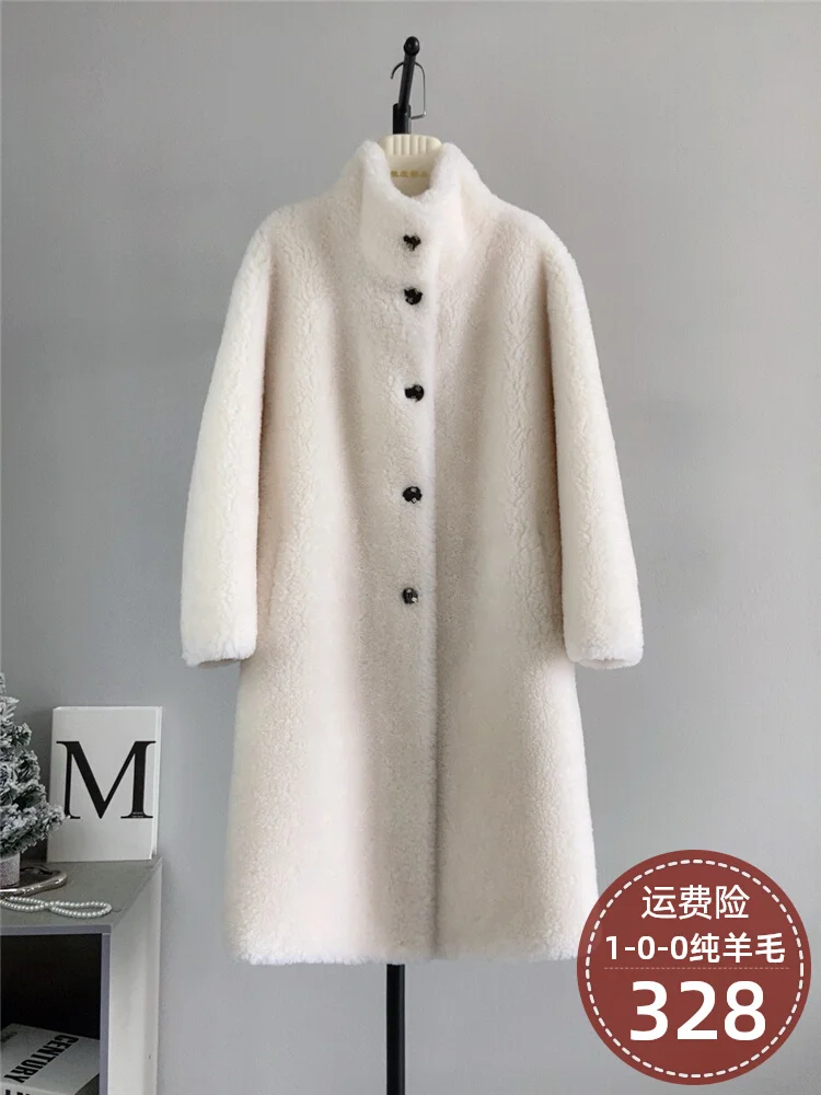 

Pure wool stand up collar long solid color sheep shearing coat autumn and winter new lamb wool composite fur integrated Haining