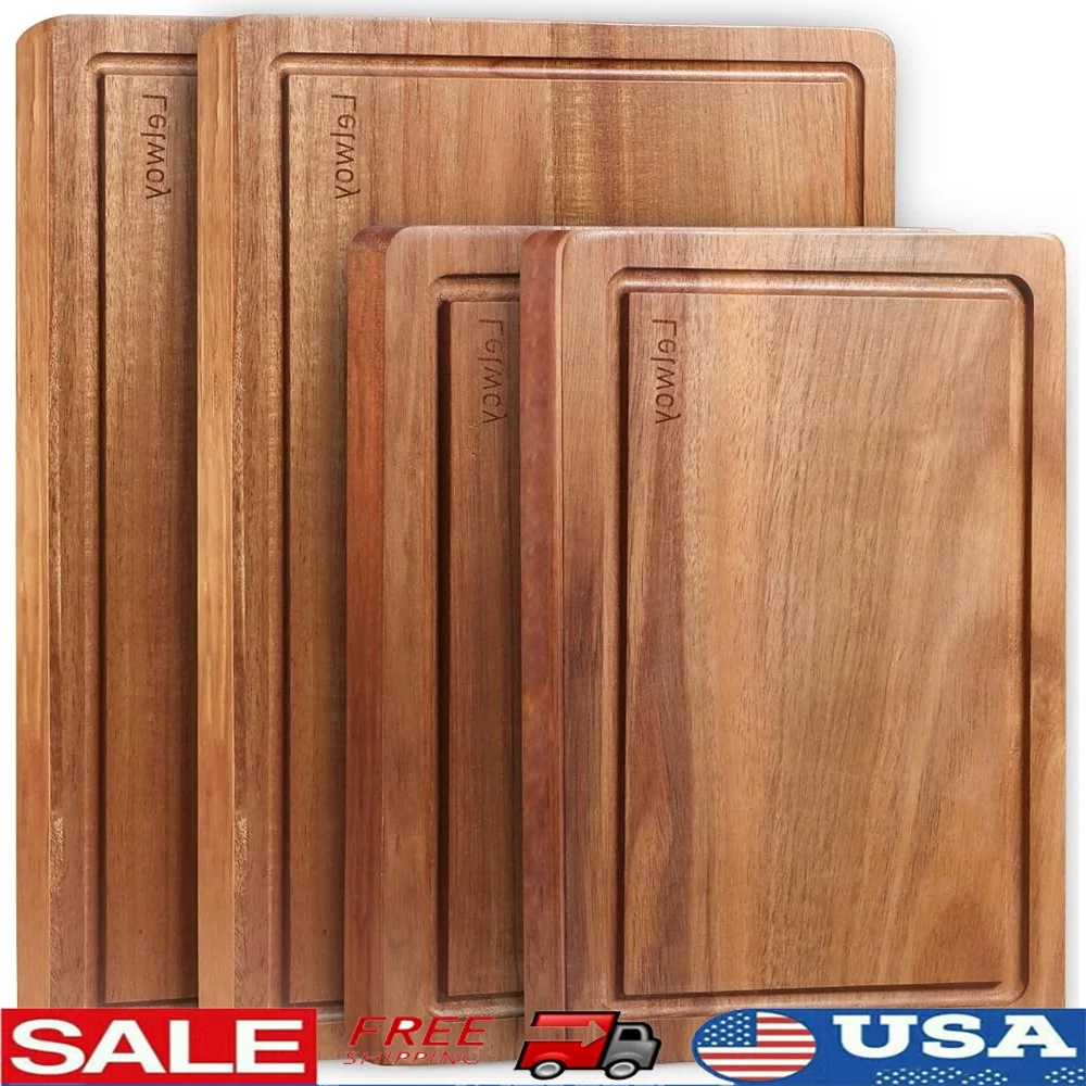 

Large Wooden Cutting Boards Set of 4 Acacia Chopping Board with Juice Grooves Reversible Double-Sided Kitchen Meat Veggies Prep