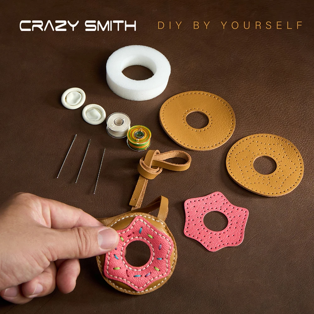 CRAZYSMITH Semi-finished Leather Kit for DIY Donut Bag Charm Pendant Material Genuine Leather Bags Pendants Donuts Cute Gift