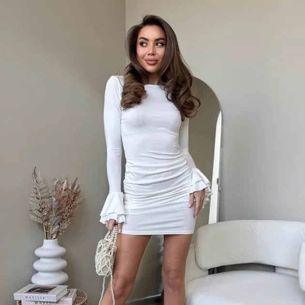 White Hot Girl Autumn Bodycon Dress Round Neck High Waist Flare Sleeve Female's Mini Dress Instagram-Style Chic Dress For Lady