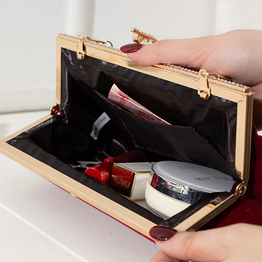 الرجعية المخملية مساء حقائب مخلب محفظة كريستال قابل للقفل سلاسل حقائب كتف لحفل عشاء حفلات الزفاف مأدبة حقيبة يد كيس #3