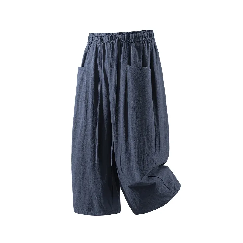 

Korean American Style Cotton Cropped Pants For Men 2026 Summer New Navy Loose Wide Leg Casual Streetwear Trousers